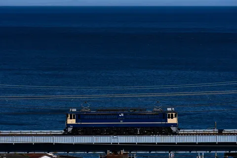 海辺を走る青い列車