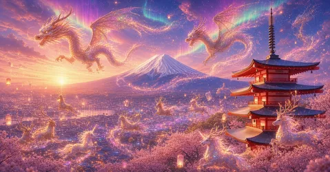 幻想の国で、白馬と龍と桜と富士山