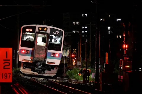 深夜の駅、列車は静かに佇む