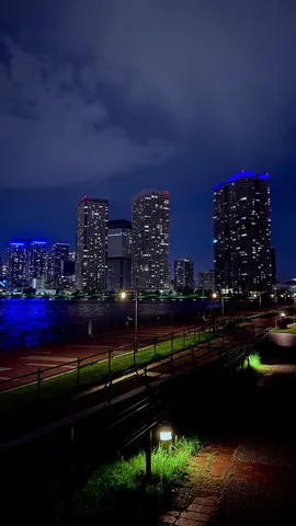 都会の夜景と水辺の散歩道