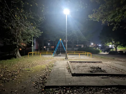 夜の公園に浮かぶ灯と遊具