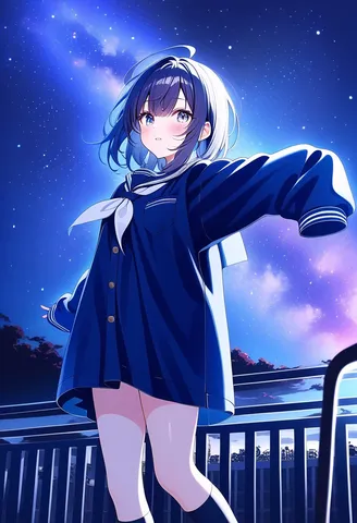 夜空を背にする制服少女