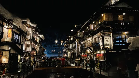 雪夜の温泉街、灯りに誘われて