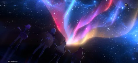 星空を彩るオーロラと4人のシルエット