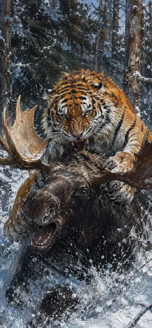 猛虎とヘラジカ、雪上の攻防