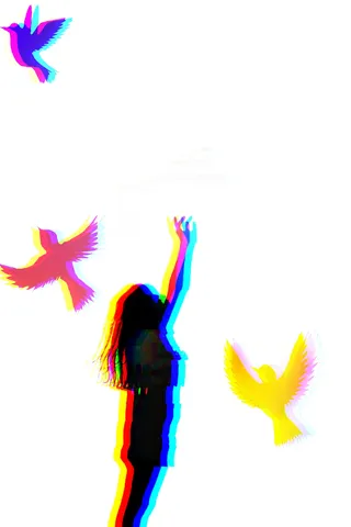 鳥たちと手を伸ばす少女
