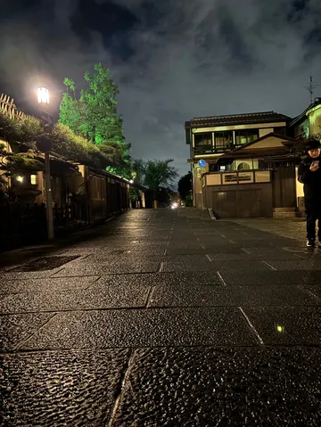 石畳が光る夜、緑の木々もパリピ？