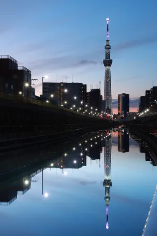 夜景に溶け込むタワーの反射