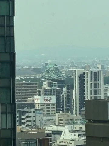 緑の屋根の古城と近代建築
