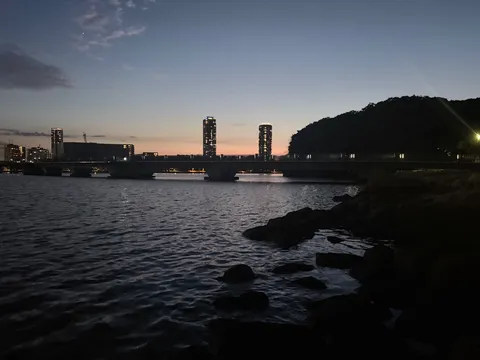 都会の夜景と水辺の静寂