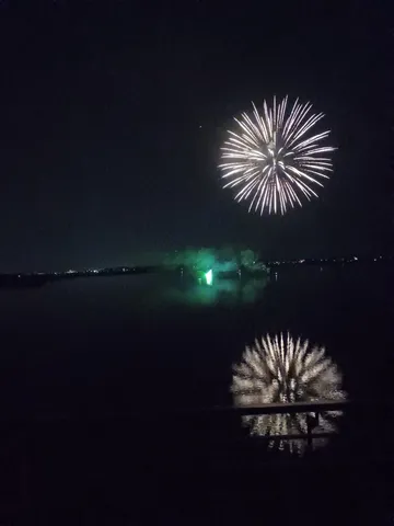 夜空と水面に広がる光の華