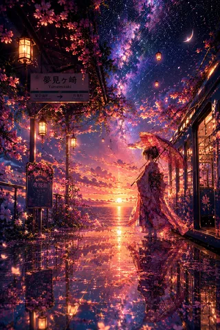 夢見ヶ崎駅、夕焼けと星空の狭間