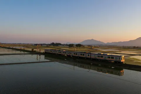田園を駆け抜ける夕景列車