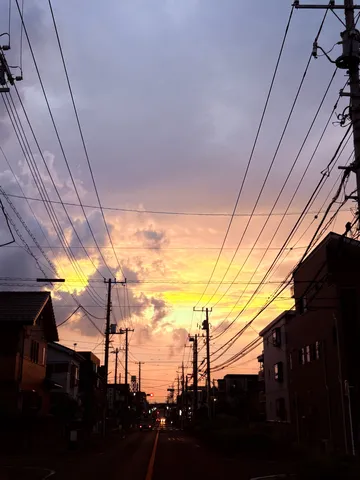 電線と夕焼けのコントラスト