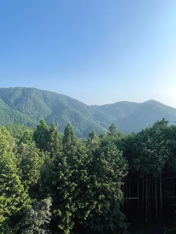 新緑の山々と青い空