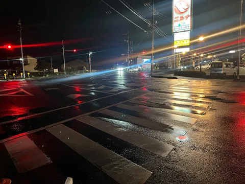 雨夜の横断歩道に映る光