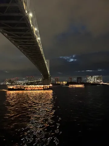 都会の夜景と水面の光のダンス