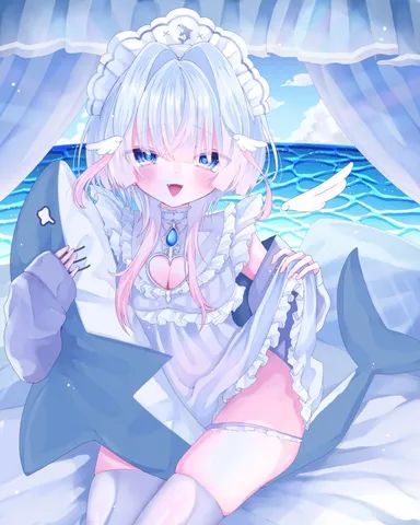 白髪の少女とサメのぬいぐるみ
