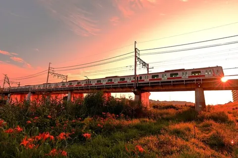 夕焼けを駆ける銀の列車
