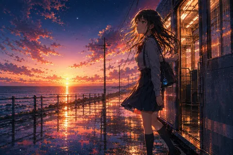 水面にきらめく夕焼けの駅