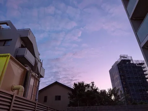 黄昏の都市に浮かぶ影