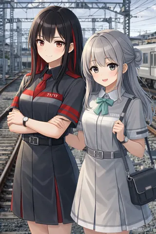 線路の傍ら、制服の笑顔