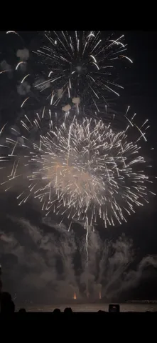 夜空に咲く花火と水面の余韻
