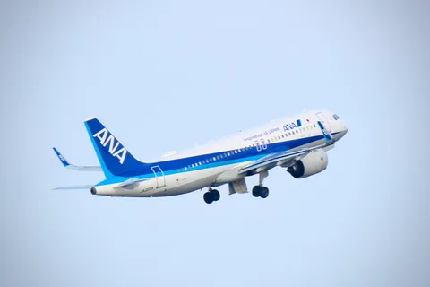 青空へ飛び立つANA機