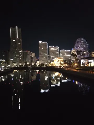 都会の灯りが水面に揺れる夜景