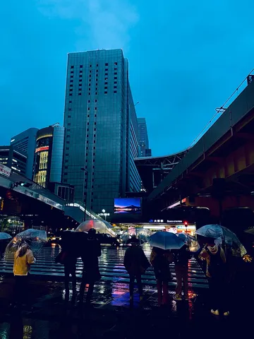 雨の街角、傘の群れ