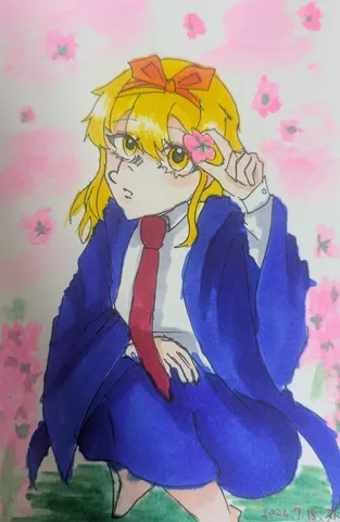 花を添えて、少女の横顔