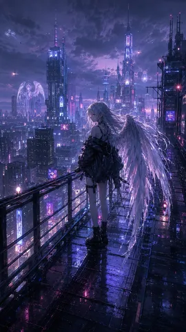 サイバーパンクの夜空に舞う天使