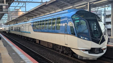 青と白の流線形、特急列車の旅立ち