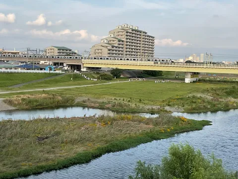 川辺の日常と、電車が走る風景