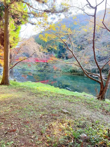 紅葉の橋と静かな川面