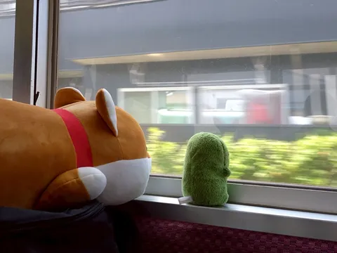 電車で並走、ぬいぐるみ旅
