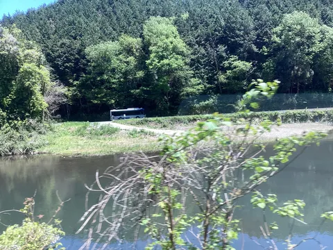 水辺を走るバスの風景