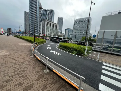 都会のカーブと緑のコントラスト