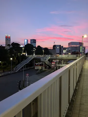 紫とピンクの空、街を照らす光