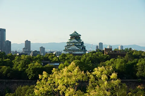 緑に包まれた古城と近代都市