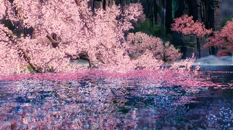 湖畔に咲くピンクの風景