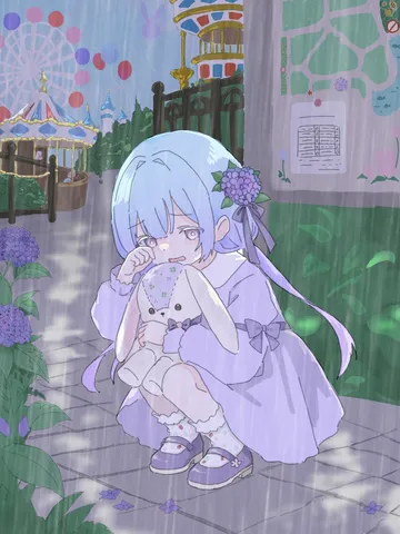 雨粒と少女、閉園後の遊園地
