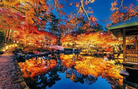 紅葉輝く宵の池