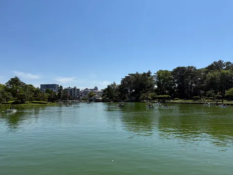 緑の湖面に揺れるボート