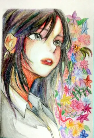 カラフルな花畑とミステリアスな視線