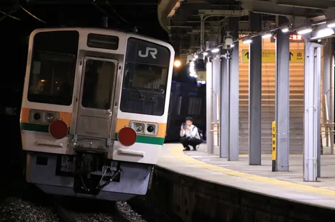 夜のホームを走る列車の影