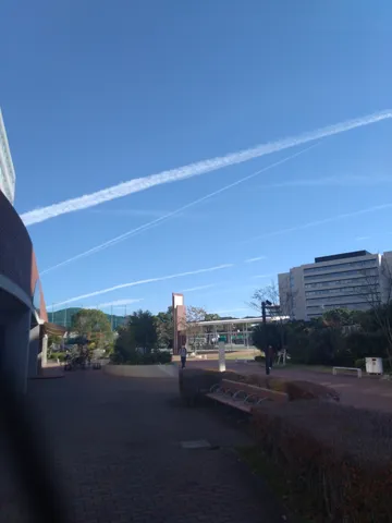 青空に伸びる飛行機雲、キャンパスの日常