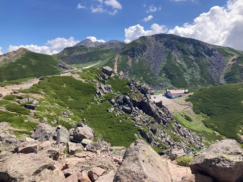 緑の山道と空