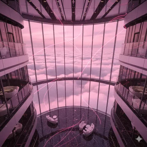 雲上の空中回廊、幻想的なピンクの光