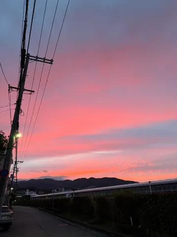 燃えるような空と電柱のコントラスト
